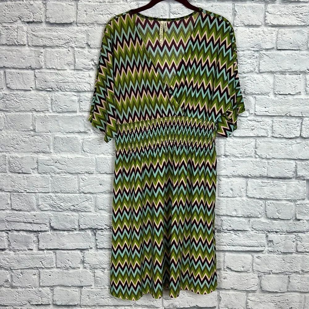 Cristinalove Retro Chevron Pattern V neck Wide Arm Smocked Waist Size XL